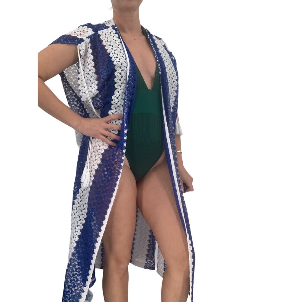 FORTUNE Swimwear Cover Up One Size Ruched Shoulder Midi Kimono Blue - Picture 3 of 7